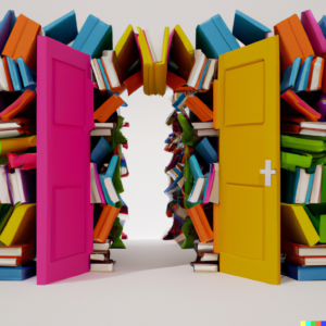 Rosa och en guö dörr som är öppen, bakom och runt om finns en massa böcker