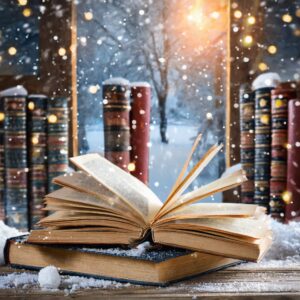 Böcker i ett snöigt landskap